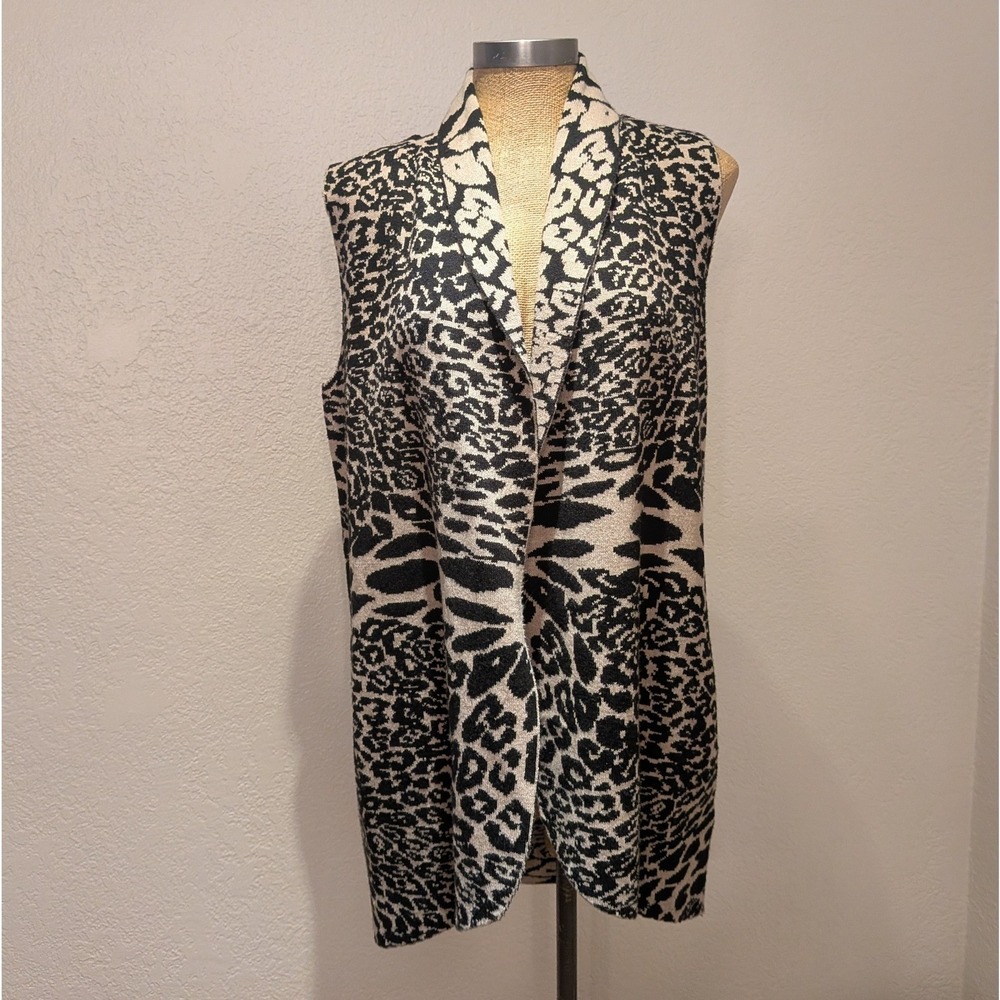 Cupio Cardigan Vest Women Medium Tan Black Excellent Leopard Print Shawl Collar